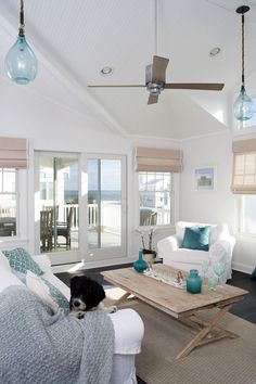 a living room filled with furniture and a dog laying on top of the couches