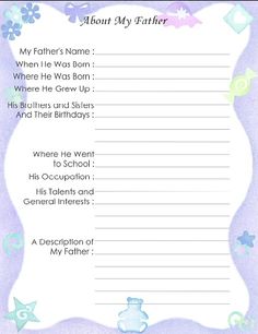 a purple and blue baby's first birthday wish card with the words, about my father