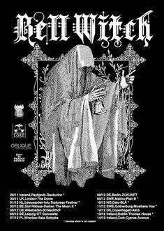 a black and white poster with an image of a person in a robe on it