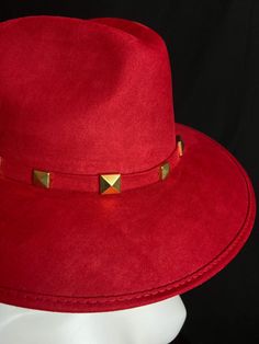 Mexican Handcrafted Red Fedora Hat | El Rosario A complete head-turner & unique Men & Women’s Mexican artisan wool felt hat on this fedora-form in Elegant red color with stud details around hatband, hand embroidered detail around crown & its signature Rosary. A definitive classic from our custom hat collection. SIZE See “Size Chart” below, or CLICK HERE DETAILS Sombrero Box Inner-elastic band (comfortable sizing) Red Short Brim Top Hat For Fall, Red Fedora Felt Hat For Fall, Red Fedora With Short Brim For Fall, Red Fedora With Flat Brim, Red Western Style Fedora Felt Hat, Western Style Red Fedora Felt Hat, Red Western Fedora Felt Hat, Western Red Fedora Felt Hat, Red Fedora Felt Hat For Party