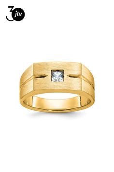 10K yellow gold polished and satin finish men's ring with a single 0.25 ct, princess shaped diamond and grooved pattern. Band width measures approximately 3/16". Men's Ring, Gold Polish, 10k Gold, Satin Finish, Diamond Ring, Rings For Men, Yellow Gold, Satin, Band