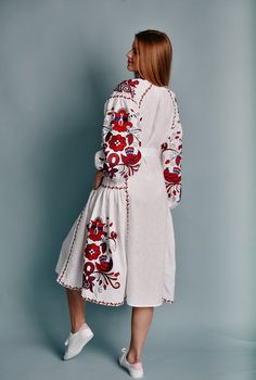 Embroidered linen dress has a straight, free cut. With the help of a passe that is attached to the dress, you can successfully emphasize waist. The dress has two side pockets. High-quality, linen fabric is pleasant to the touch. The linen dress is the perfect clothes for hot weather. Embroidery symbol: "Tree of life"" - symbolizes the continuity of the genus and life. Roots - symbolizes the world of ancestors, which protects the genus. It is the roots that reflects the life of ancestors, without Traditional Linen Embroidered Dress For Summer, Traditional Embroidered Linen Dress For Summer, Long Sleeve Linen Dress With Floral Embroidery, Traditional Embroidered Knee-length Spring Dress, Folk Style Embroidered Linen Dress For Summer, Folk Style Summer Embroidered Linen Dress, Folk Style Embroidered Linen Dress, White Linen Peasant Dress, Summer Folk Linen Embroidered Dress