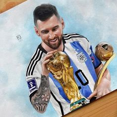 a painting of a man holding a soccer ball in one hand and a trophy in the other