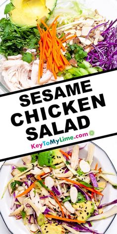 sesame chicken salad with carrots, lettuce and avocado on the side