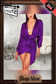 Sexy Fashion Slim Fit V-neck Dress Flirty V-neck Evening Dress, Fitted Purple V-neck Dress For Party, Chic V-neck Mini Dress For Evening, Elegant Purple V-neck Mini Dress, Glamorous Spring V-neck Party Dress, Fall Purple V-neck Dress, Flirty V-neck Dress For Party Season, V-neck Dresses For Spring Night Out, Elegant Purple V-neck Dress For Party