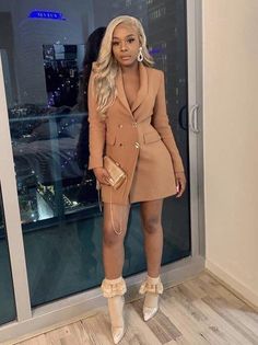 Blazer Dress Outfit Black Women, Tv Appearance Outfit, Blazer Dress Birthday Outfits, Pink Blazer Dress Outfit, Birthday Wear Outfits Classy, Blazer Dress Outfits For Women, Messy Ponytails, 613 Blonde Wig