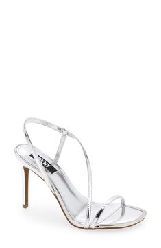 A diagonal strap sweeps across a barely-there sandal set on a towering stiletto heel. 4" heel (size 8.5) Synthetic upper, lining and sole Imported | DKNY Danielle Stiletto Sandal Stiletto Sandals, Sandal Women, Curator Style, Stiletto Heel, Stiletto Heels, Womens Sandals, Size 7, Nordstrom, Sandals