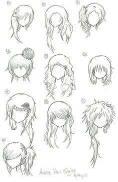 some anime hair styles that are drawn in pencil, and then colored with the same colors