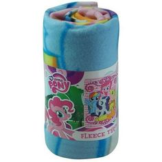 a blue and pink blanket with pictures of pony ponies on the front, sitting next to a roll of toilet paper