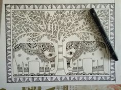 a drawing of two elephants under a tree with eyes drawn on it and a pen