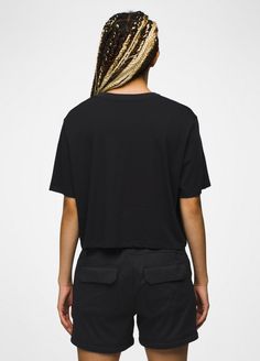 An essential cropped tee made from 100% Regenerative Organic Certified® Cotton. Casual Black Cropped Hem Top, Black Boxy Fit Crop Top With Short Sleeves, Black Boxy Cropped Top, Black Short Sleeve Cropped T-shirt Athleisure, Black Relaxed Fit Cropped T-shirt Athleisure, Sporty Relaxed Fit Cropped T-shirt, Relaxed Fit Cotton Cropped T-shirt For Sports, Black Boxy Fit Cropped T-shirt, Black Cotton Sporty Cropped T-shirt