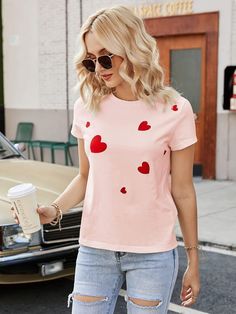 Women T-Shirts Heart Print Round Neck Tee MsDressly – Instastyled | Online Fashion Free Shipping Clothing, Dresses, Tops, Shoes Galaxy Heart, Split Sweater, Pink Pattern, Round Neck Tees, Tees For Women, Knit Cotton, Long Hoodie, Heart Print, Baby Pink