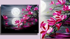 two paintings of pink flowers and the moon