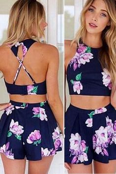 Navy Floral Two Piece Set Loose Tank Tops, Crop Top Casual, Backless Top, Crop Top Outfits, Crop Top And Shorts, Blue Skirt, Outfit Idea, Two Piece Outfit, Fashion Prints