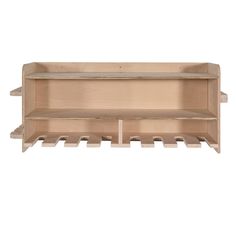 a wooden shelf with two shelves on each side