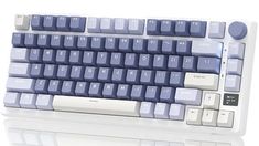 a white and blue computer keyboard sitting on top of a table