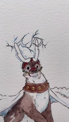 a drawing of a dog wearing a reindeer hat and scarf with his nose covered in snow