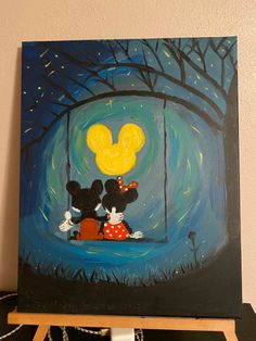 a painting of mickey and minnie on a swing at night