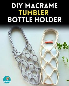 two different types of bottle holders made out of rope and plastic bottles with text overlay reading diy macrame tumbler bottle holder