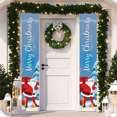 two christmas banners on the front door of a house decorated with wreaths and lights