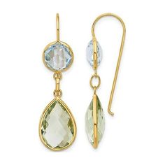 Beautiful pear shaped green amethyst earrings 10 carats (ctw) set 14 karat yellow gold and highlighted by round sky topaz gems 5.00 carats (ctw) that sit above the green gems creating a stunning pair of earrings. These dangle drop earrings are a beautiful accessory. 15 Carat (ctw) Green Amethyst and Blue Topaz Dangle Earrings in 14K Yellow Gold Size: one size.  Gender: female.  Age Group: adult. Green Amethyst Earrings, Green Gems, Amethyst Earrings, Green Amethyst, Pear Shaped, Blue Topaz, Gender Female, Topaz, Women's Earrings