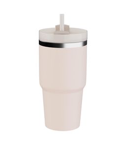 a white cup with a black stripe on the side