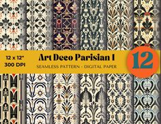 12 digital paper patterns in different colors and sizes with the text art deco persian i