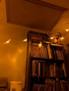 some lights are hanging from the ceiling above a book shelf filled with books and cds