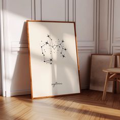 a wooden chair sitting next to a white framed art print on a wall in an empty room