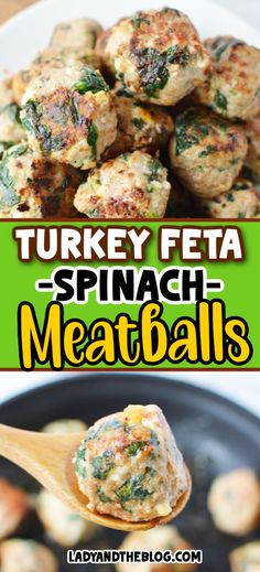 turkey feta spinach meatballs in a skillet with a wooden spoon full of them