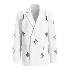 Description:This season. the designer brand brings you one kind of sophisticated avant-garde creations for the modern woman by celebrating their sense of uniqueness. This white blazer is meticulously designed with an asymmetric lapel collar and the edgy cut-outs take shapes of the four pointed star. adding some fun to your outfit. Featuring long sleeves. strong padded shoulders. functional front flap pockets and double-breasted matching buttons. this blazer is cut in a loose silhouette to fit... Four Point Star, Four Pointed Star, Star Cut Out, White Coat, Spring Women, Classic Chic, White Blazer, Two Piece Set, Office Ladies