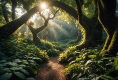 the sun shines through trees and plants on a path in the middle of a forest