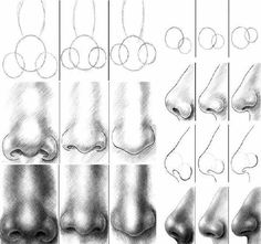 various stages of drawing the nose and mouth with different shapes, sizes, and colors