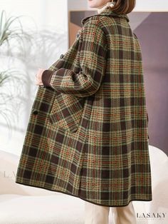 Lasaky - Womens Plaid Print Classic Jacket with Casual Button Front and Long Sleeves - Stylish Outerwear for Every Occasion Classic Jacket, Casual Fit, Plaid Print, Sleeve Detail, Womens Plaid, Casual Fits, Types Of Printing, Knitted Fabric, Knit Fabric