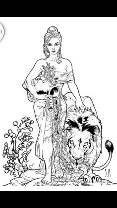 a woman is standing next to a lion with flowers in her hand and another animal behind her