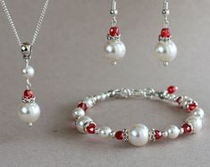 Elegant White Jewelry For Christmas, Elegant White Christmas Jewelry, Elegant Adjustable Jewelry Sets For Valentine's Day, Christmas Wedding Beaded Jewelry, Red Sterling Silver Jewelry Sets For Wedding, Red Sterling Silver Wedding Jewelry Sets, Silver Beaded Jewelry Sets For Anniversary, Elegant Christmas Formal Jewelry, Elegant Christmas Jewelry For Formal Occasions