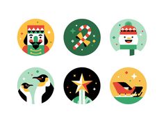 six christmas icons in different styles and colors