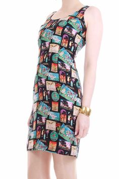 "1990s vintage Nicole Miller silk vacation novelty print mini dress. Lightweight, sleeveless, form fitting hourglass silhouette. Hidden back zipper, fully lined, no stretch. In perfect condition top to bottom! * Brand: Nicole Miller * Material: 100% Silk * Made in the USA * Bust: 36\" * Waist: 30\" * Hips: 37\" * Total length: 35.5\" * Recommended women's size: Small The model is 5'8\" tall with a 36\" bust, 26\" waist, 36\" hips and typically wears small to medium sized clothing. If a size labe Retro Printed Vacation Dresses, Retro Lined Dresses For Vacation, Vintage Fitted Dress For Vacation, Vacation Vintage Fitted Dress, Retro Fitted Vacation Dress, Fitted Retro Vacation Dress, Retro Fitted Dress For Vacation, Vintage Printed Dress For Vacation, Hourglass Silhouette