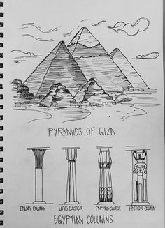 the pyramids of giza are depicted in this hand - drawn sketch, which depicts egyptian columns