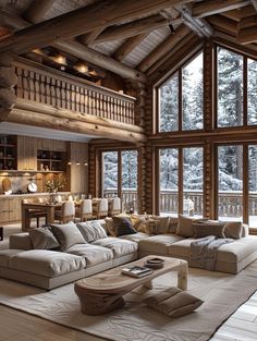 a living room filled with lots of furniture next to large windows covered in wood planks