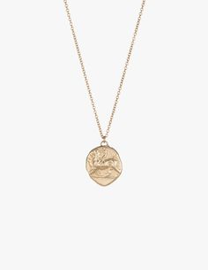 Our Chimera and Dove coin pendant in 14k gold on an elegant 18" chain. Molded from ancient Greek coins. In Greek Mythology, chimeras are representative of feminine power, wild fantasy and faith. The Greeks felt that the dove represented love and devotion. Together, these two symbols have been known to represent war and peace. Measures approximately 12.5 mm x 15 mm Handmade in Los Angeles Goddess Artemis, The Stag, Wildest Fantasy, Ancient Greek Coin, Greek Coins, Feminine Power, Gold Signet Ring, The Bee, Coin Pendant