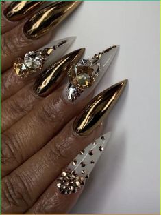 24 Pcs Long Press on Nails French Tip Coffin Fake Nails Light Green Nail Tips Full Cover False Nails with 5D Flower Designs Glossy Autumn Nails for Women and Girls Gold And Silver Rhinestone Nails, Almond Nails With Pearl Gems, Harlem Nights Nails, Large Rhinestone Nails, Nail Rhinestone Design Ideas Gems, Bling Coffin Nail Ideas, Studded Nail Art, Gold Nye Nails, Gold Chrome Acrylic Nails