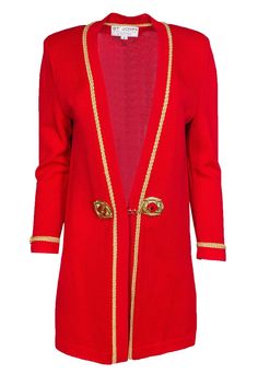 Current Boutique-St. John - Red Cardigan w/ Gold Trim Sz 2 Baroque Period, Red Knit Cardigan, Red Cardigan, St Johns, Red Sweater, Gold Threads, Red Sweaters, Casual Jacket, Old Money