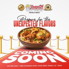 an advertisement for the upcoming event featuring chicken and rice in a bowl with red carpet