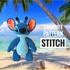 a crocheted stuffed animal hanging from a palm tree on the beach with text that reads, crochet pattern stitch