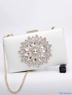 OrcaJump - Womens PU Leather Rhinestone Floral Print Evening Bag - White, Black, Pink, Red - for Wedding, Event and Party Wear White Rhinestone Clutch For Party, White Rhinestone Evening Bag For Formal Occasions, White Rhinestone Evening Bag For Events, Elegant White Bag With Rhinestones, White Party Bag With Rhinestones, Wedding Event, White Bag, Pink Red, Evening Bags