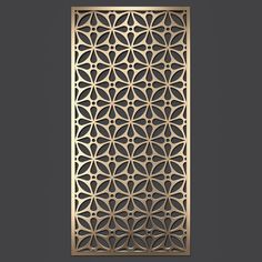 an intricately designed metal screen on a gray background with the word,'flower of life'in gold