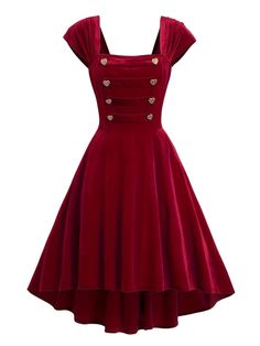 Wine Red 1950s Heart Button Solid Dress | Retro Stage Ruffle Layered Dress, Vintage Dresses Cheap, Vintage Velvet Dress, Vestidos Retro, Red Velvet Dress, Standard Dress, Heart Button, Square Neck Dress, Vestidos Vintage