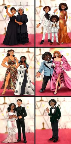 four different pictures of people dressed in formal clothes and tuxedos on the oscars red carpet