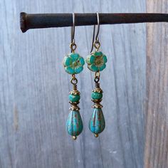 Turquoise Bohemian Flower Earrings For Gift, Vintage Turquoise Dangle Flower Earrings, Bohemian Turquoise Flower Earrings Nickel Free, Rustic Turquoise Earrings For Gift, Turquoise Nickel-free Flower Earrings For Jewelry Making, Turquoise Dangle Flower Earrings With Ear Wire, Turquoise Teardrop Flower Earrings For Gift, Turquoise Dangle Flower Earrings, Nickel-free Turquoise Drop Flower Earrings